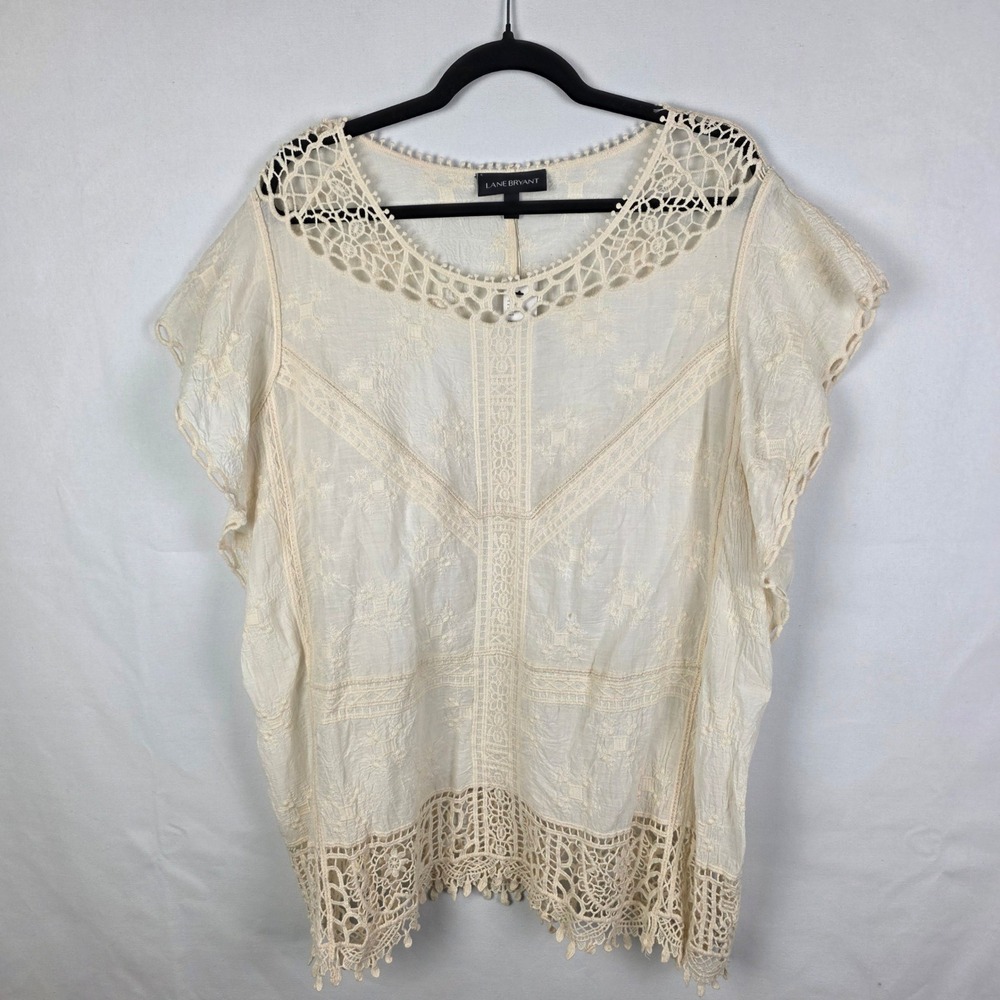Lane Bryant Ivory Crochet Lace Embroidered‎ Boho Gauze Top Size 18 Cream Plus Sz